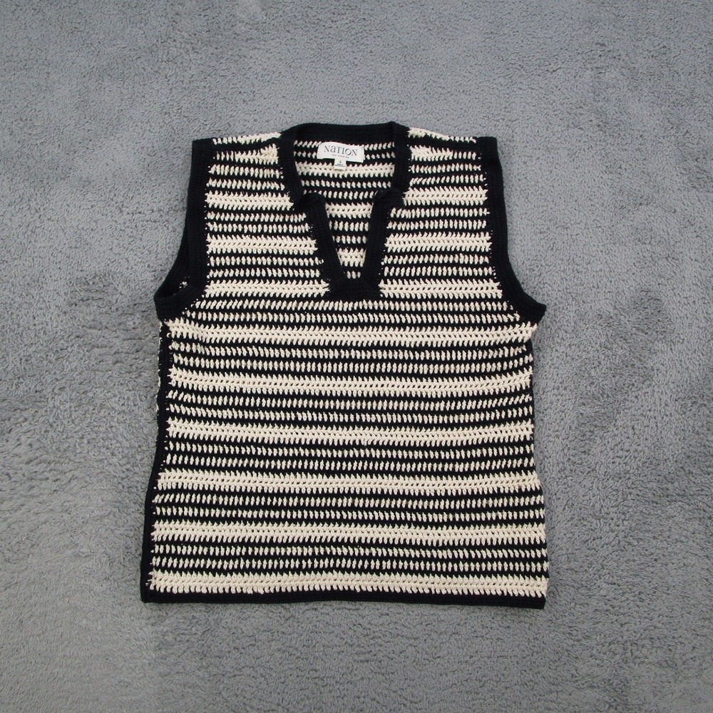 Nation LTD Los Angeles Crochet Knit Striped Sweater Vest Navy White Cotton Small